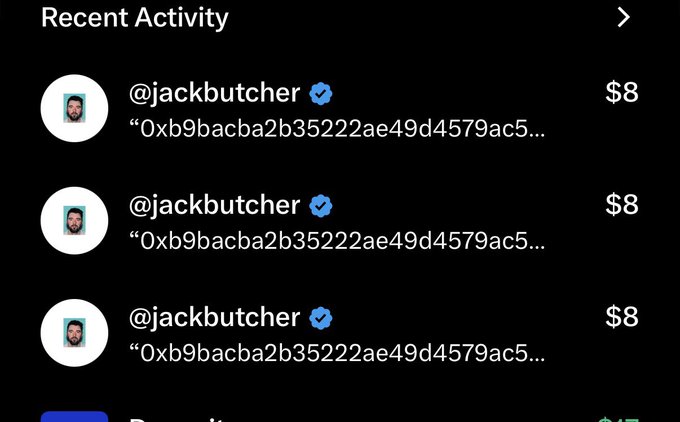 A screenshot of a 'Recent Activity' feed showing three identical transactions from verified user '@jackbutcher', each for $8, with the message '0xb9bacba2b35222ae49d4579ac5...'.