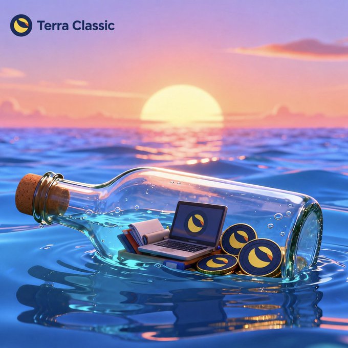 The image features a bottle floating in water with an open laptop inside, surrounded by several coins. The text in the image suggests that the coins are LUNC and USTC, which are self-sufficient and don't require any support from others. However, other altcoins face a bleak future as they lack the necessary support to survive. This post highlights the importance of community involvement and decentralized systems for maintaining the value and stability of digital assets like cryptocurrencies.