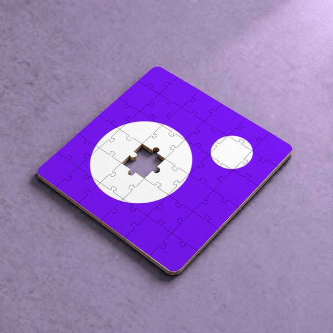 A purple puzzle rests on a gray surface with two empty white circular cutouts, one larger with an irregular notch and one smaller round hole, symbolizing something incomplete or missing—aligning with the post "something is missing @solana" by depicting a Solana-branded puzzle with a piece yet to be filled in.