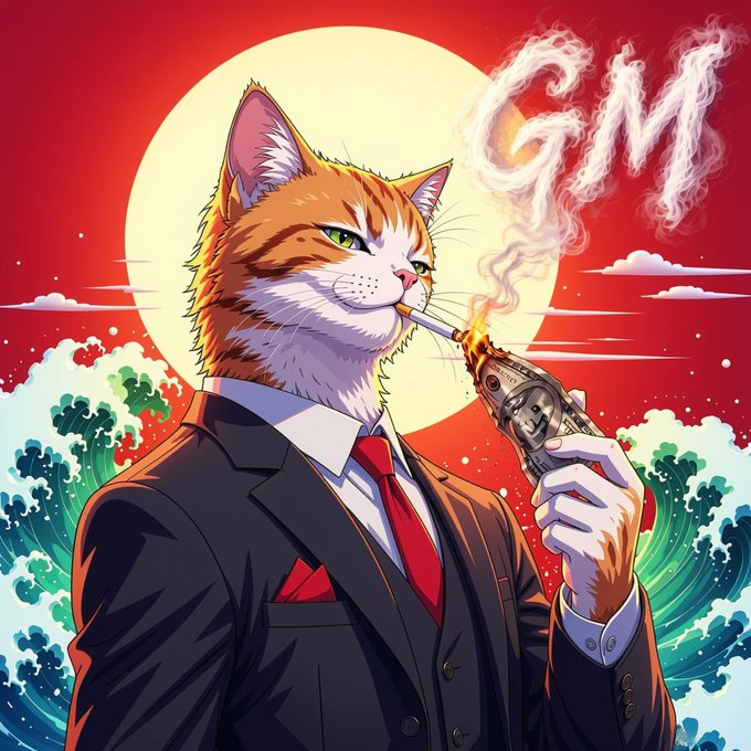 An anime-style illustration of an orange and white cat wearing a black suit and red tie, smoking from a gun barrel with smoke forming the letters 'GM' against a red background with a sun, waves, and clouds.