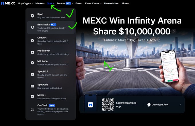 The screenshot shows the MEXC exchange website with its navigation menu open on the "Spot" section, highlighting options like RealStocks, Convert, Pre-Market, MX Zone, Spot DCA, Spot Grid, and On-Chain. A promotional banner advertises "MEXC Win Infinity Arena Share $10,000,000" with details for Futures (Maker 0%, Taker 0.02%), and green checkmarks emphasize the RealStocks HOT option.

The image relates to the post by illustrating the MEXC platform interface where users can access both RealStocks and traditional Spot trading (tokenized stocks), visually setting up the comparison between these two product types that the post discusses.