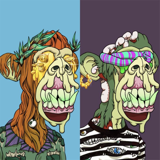 Two grotesque, cartoon-style Bored Ape Mutants are depicted side-by-side against blue and purple backgrounds—one with orange hair and a wreath, the other with green tangled hair and snakes—relating to the post's "Mutant Monday" celebration of the Bored Ape Yacht Club community.