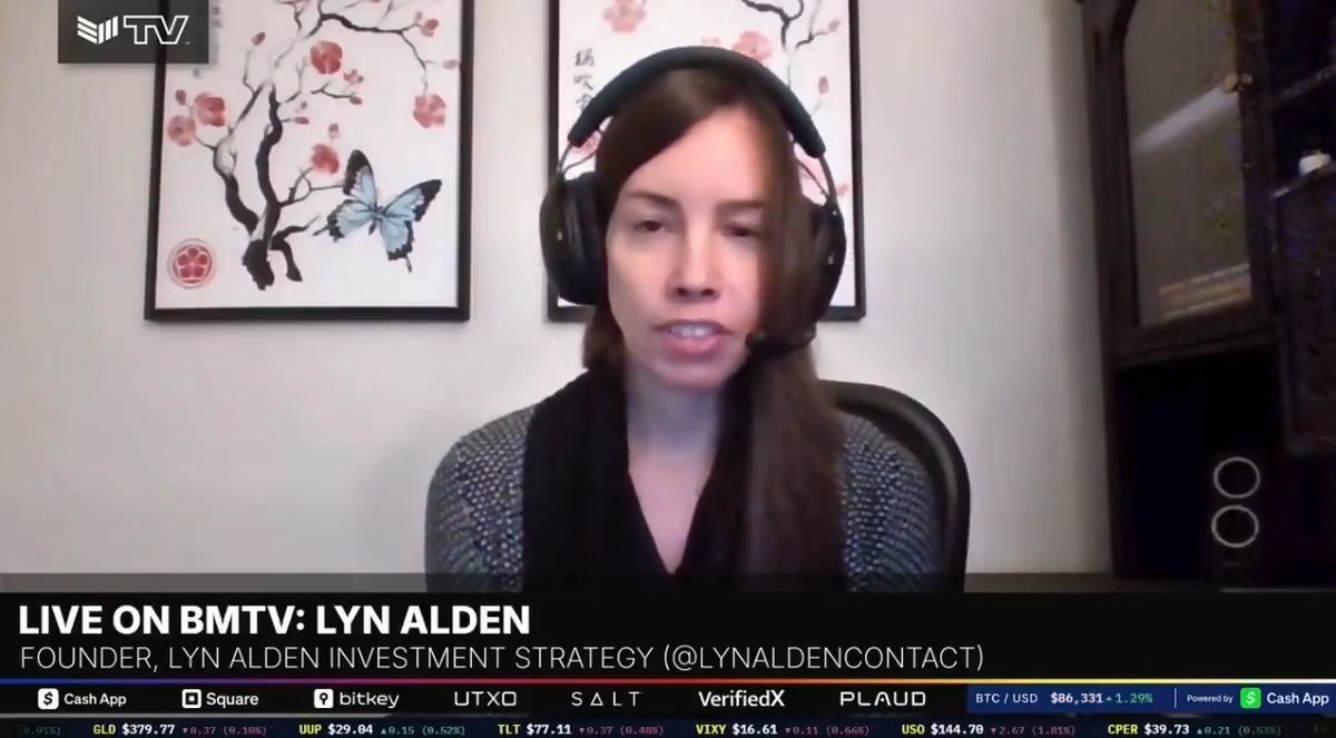 A live broadcast on BMTV featuring Lyn Alden, 'FOUNDER, LYN ALDEN INVESTMENT STRATEGY (@LYNALDENCONTACT)', speaking while wearing headphones.