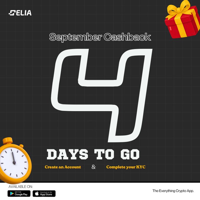 A promotional graphic for CELIA's "September Cashback" campaign displays a countdown of "4 DAYS TO GO" against a black grid background, accompanied by a gift box icon and a yellow stopwatch. The ad urges users to create an account and complete KYC verification to participate in the limited-time offer, with the app available on Google Play and the App Store.