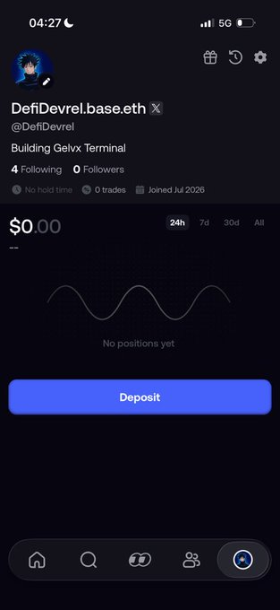 A mobile app screenshot displays a profile page for "DefiDevrel.base.eth" (@DefiDevrel) on what appears to be a crypto trading platform, showing "Building Gevix Terminal" with 4 Following, 0 Followers, $0.00 balance, and "No positions yet." The image relates to the post by showing the user's newly created FOMO trading account, indicating they just signed up on the platform to try it out as encouraged by the tweet.