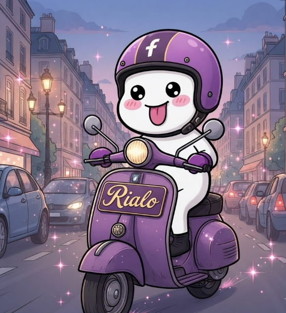 A cartoon illustration depicts a cute white ghost-like character wearing a purple helmet with an 'f' logo, joyfully riding a purple scooter labeled 'Rialo' through a sparkling city street at twilight.