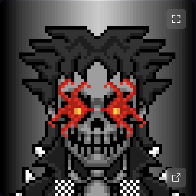 A pixel art portrait of a demonic face with wild black hair, glowing red and yellow eyes, and a wide toothy grin on a dark gradient background.