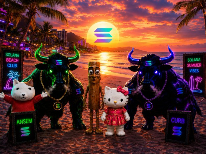 A vibrant AI-generated scene on a beach at sunset features a Solana logo sun, alongside mascot characters and neon bull signs labeled "SOLANA BEACH CLUB" and "SOLANA SUMMER VIBES," and other signs reading "ANSEM" and "CURB."