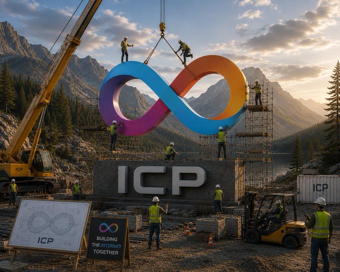 The image features a group of construction workers wearing yellow hard hats, working together to build an enormous, colorful, and unique structure that resembles a giant sign or a large billboard with an infinity symbol. The workers are standing around the structure, which is located in a mountainous area surrounded by trees. The post accompanying this image reads: "Builders keep choosing $ICP".