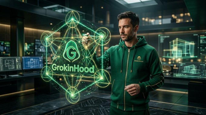 A man in a green 'GrokinHood' tracksuit standing in a futuristic high-tech environment, interacting with a glowing green hexagonal holographic display featuring the GrokinHood logo.