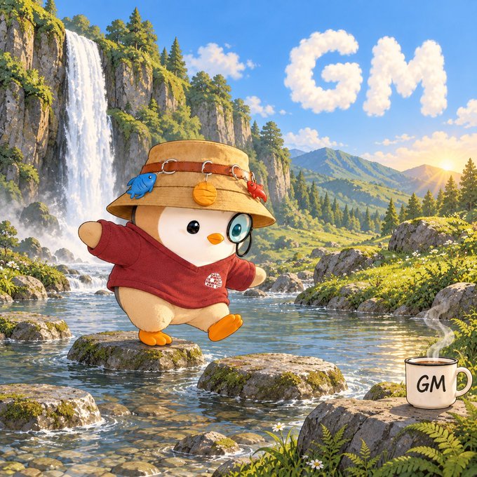 Whimsical illustration of a cartoon chick character wearing a straw hat with decorative pins, a red shirt, and a monocle, hopping across stepping stones in a mountain stream with a waterfall and forest backdrop. The word 'GM' appears in a cloud shape in the sky, and a coffee mug labeled 'GM' sits on a rock in the foreground.