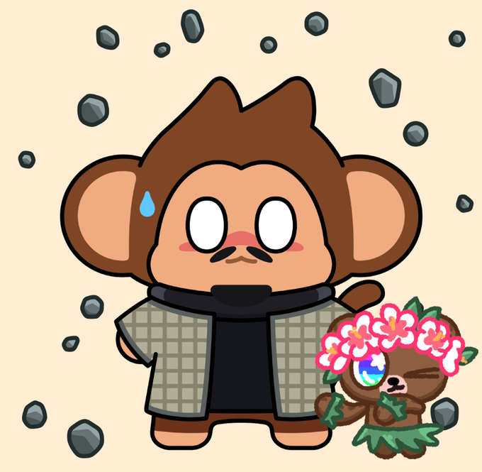 A cartoon illustration of a monkey character wearing a plaid jacket looking worried with a sweat drop, accompanied by a small flower-adorned monkey figure, with rocks falling around them.