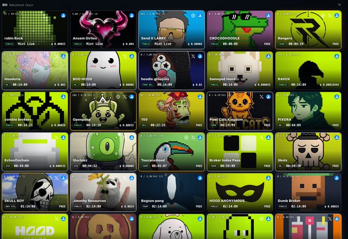 A grid interface displays various NFT collections with pixel art avatars, showing names like 'robin fl0ck', 'CROCODOHOODLE', 'Hoodoria', and 'Bored Index Pass', along with mint prices and timers.