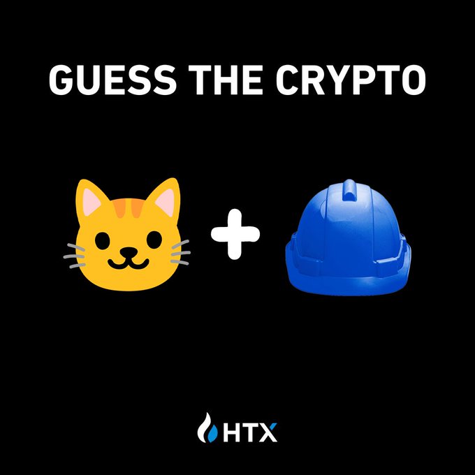 The image shows a "GUESS THE CRYPTO" puzzle featuring an orange cat emoji combined with a blue hard hat, hinting at the Base network (referenced by the HTX logo), playfully challenging viewers to guess a meme coin on Base chain—likely playing into the $BASECAT suggestion in the caption.