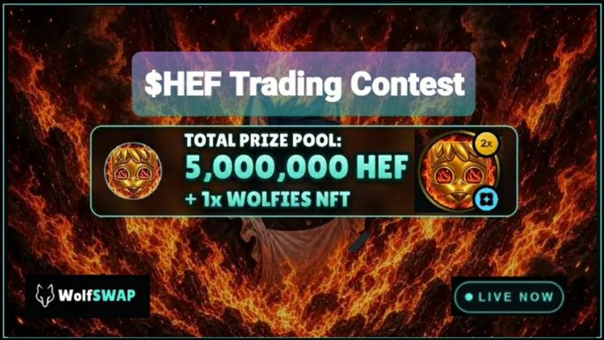 The image is a promotional banner for the "$HEF Trading Contest" on WolfSwap, featuring a fiery background and advertising a total prize pool of 5,000,000 HEF tokens plus one Wolfies NFT, with a "LIVE NOW" indicator and a 2x multiplier badge displayed. The banner visually reinforces the post's announcement of the live trading contest where top traders compete for prizes of 2.5M, 1.5M, and 1M HEF tokens.