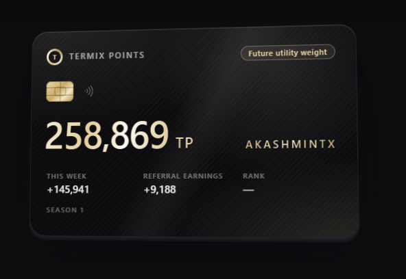 A dark digital card titled "TERMIX POINTS" displays a balance of "258,869 TP" for user "AKASHMINTX", showing weekly earnings of "+145,941" and referral earnings of "+9,188".