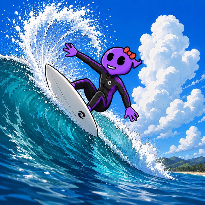 A colorful cartoon illustration of a purple character with a red bow wearing a black wetsuit surfing on a white surfboard through a large blue ocean wave.