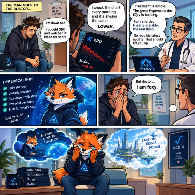 A comic strip about a man at a mental health doctor after watching his XRD investment bleed, with the doctor recommending the 'Hyperscale dev' $FOX ecosystem instead.