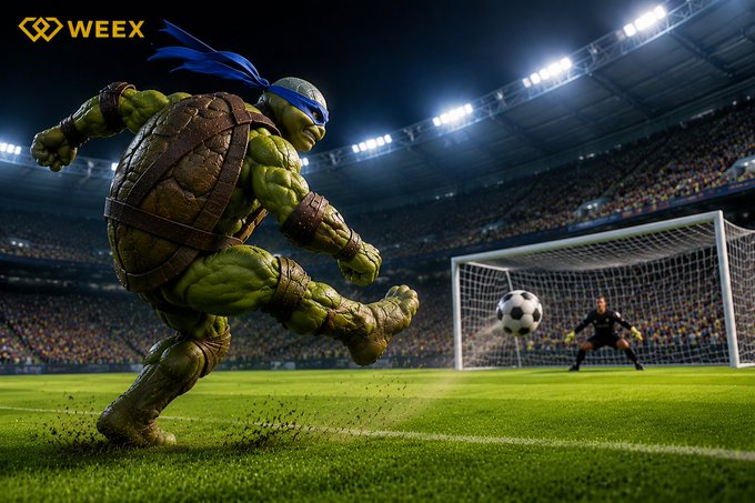 A Teenage Mutant Ninja Turtle wearing a blue headband kicks a soccer ball toward a goal in a packed stadium, with "WEEX" branding in the top-left corner—tied to a post promoting a WEEX Cup trading pool for the upcoming France vs Morocco match.