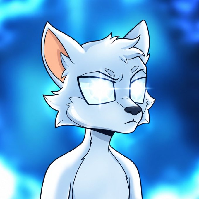 A white anthropomorphic fox character with glowing, intensely bright eyes stares confidently against a swirling blue aura background. The image's powerful, energetic vibe perfectly complements the post's upbeat "gm frens" weekend greeting and NFT enthusiasm, evoking a hyped, bullish crypto mood.