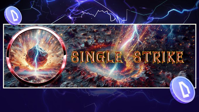 A dramatic banner graphic reading "SINGLE STRIKE" features a fiery, cracked orb surrounded by lightning and erupting volcanic energy, with cryptocurrency coin icons in the corners, visually conveying the high-stakes, one-shot battle with the Dark Lord referenced in the post.