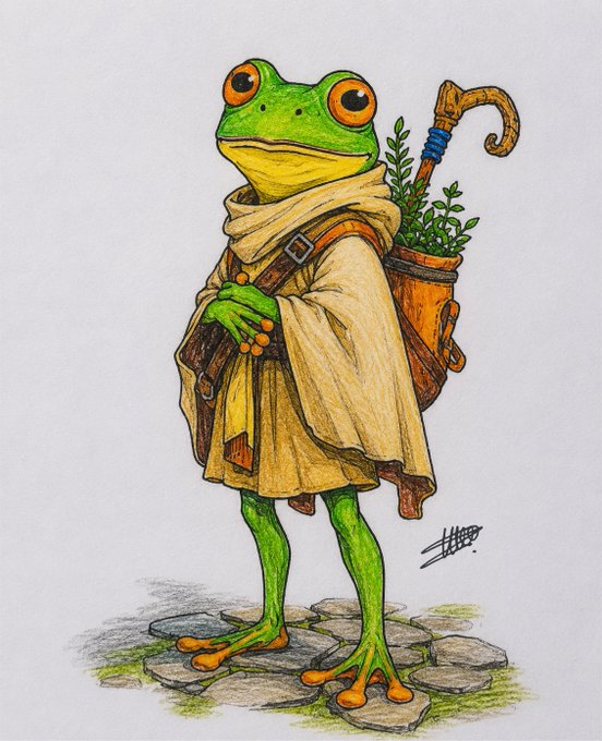 An illustration of an anthropomorphic green frog wearing a tan robe and cloak, holding a wooden staff, with a basket of green plants on its back, standing on stone pavement.