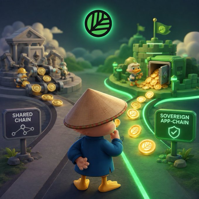 A 3D-rendered illustration showing a character in a conical hat choosing between two paths labeled 'SHARED CHAIN' (featuring classical architecture) and 'SOVEREIGN APP-CHAIN' (featuring green blocky structures with coins).