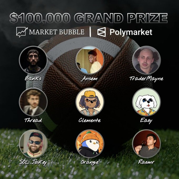 A promotional graphic announces a "$100,000 GRAND PRIZE" for a fantasy league collaboration between "MARKET BUBBLE" and "Polymarket," set against a football background. It displays nine circular headshots or avatars of the featured competitors—Banks, Ansem, TraderMayne, Threadg, Clemente, Easy, SOL Jakey, Orangie, and Rasmr—corresponding to the Polymarket Fantasy League Draft participants mentioned in the post, scheduled for 2:30 PM PST.