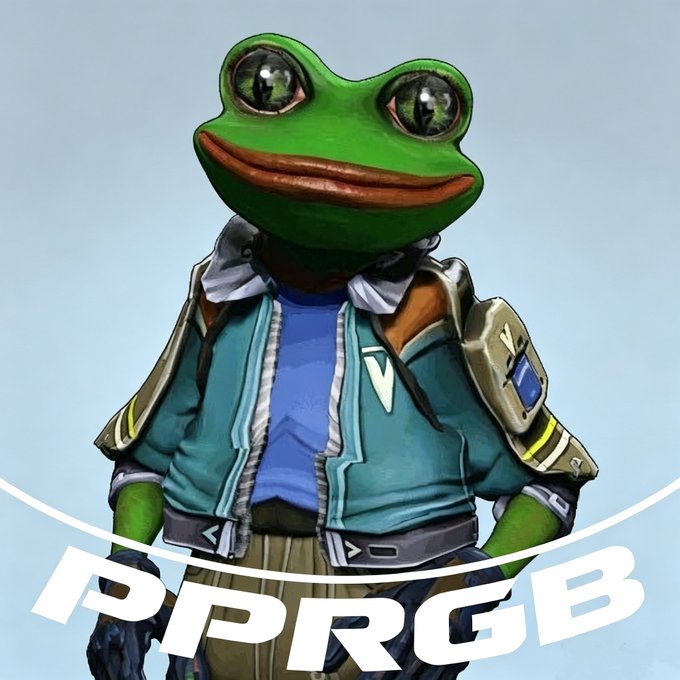A digital illustration of the Pepe the Frog meme dressed in a futuristic jacket with the text 'PPRGB' at the bottom.