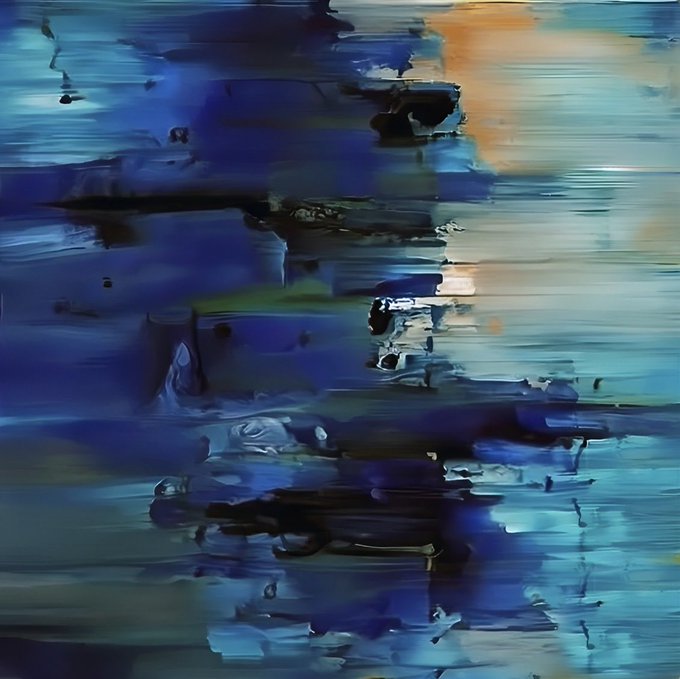 An abstract digital artwork featuring bold strokes of deep blue, black, and teal with a patch of orange and white near the top.