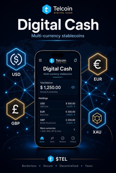 A promotional advertisement for 'Telcoin - Digital Cash' showing a mobile app interface for multi-currency stablecoins with a total balance of $1,250.00, supporting USD, EUR, GBP, and XAU (gold) currencies.