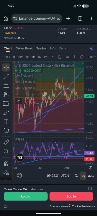 A mobile screenshot of Binance trading page showing the LTCUSDT (Litecoin) chart at $44.91 (-0.49%), with 4-hour candlestick data, moving averages, and an RSI indicator.