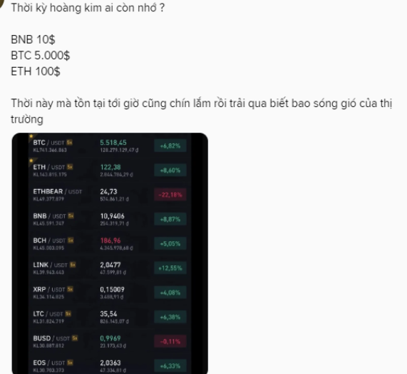 A Vietnamese social media post asking about the gold/crypto era, listing prices: BNB 10$, BTC 5,000$, ETH 100$, accompanied by a market ticker showing BTC at 5,518.45 and ETH at 122.38.