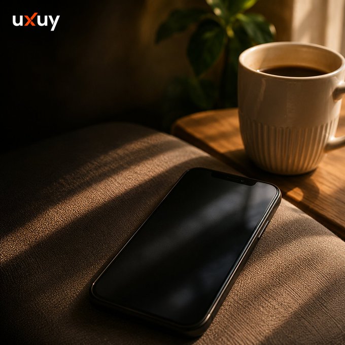 A smartphone rests on a cushioned surface next to a steaming coffee mug, bathed in warm, golden light. The "uxuy" logo appears in the top left, while the still phone screen visually echoes the post's theme of "No notifications, still checking."
