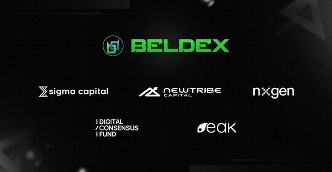A promotional graphic displaying the 'BELDEX' logo along with partner logos including 'sigma capital', 'NEW TRIBE CAPITAL', 'n x gen', 'DIGITAL / CONSENSUS / FUND', and 'peak'.