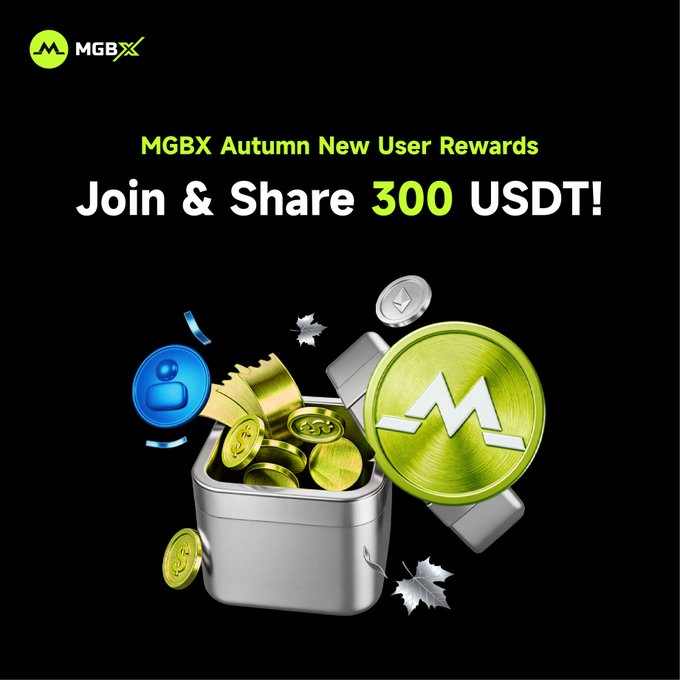 A black promotional advertisement for MGBX offers 'Autumn New User Rewards' to 'Join & Share 300 USDT!', featuring an image of a silver container filled with gold MGBX coins.