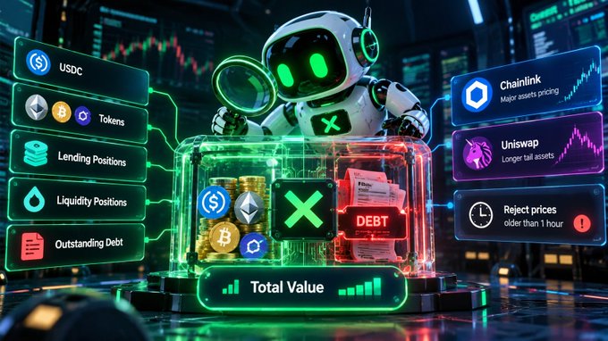 A digital illustration of a futuristic robot character examining crypto assets, including USDC, Ethereum, and Bitcoin, alongside panels labeled Chainlink, Uniswap, Lending Positions, Liquidity Positions, Outstanding Debt, and Reject prices older than 1 hour.