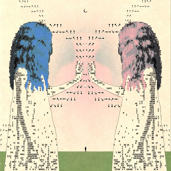 A surreal pixel-art illustration featuring two large facing figures with blue and pink pixelated hair against a cream background filled with scattered letters and symbols, with a small silhouette of a person standing between them below a crescent moon.