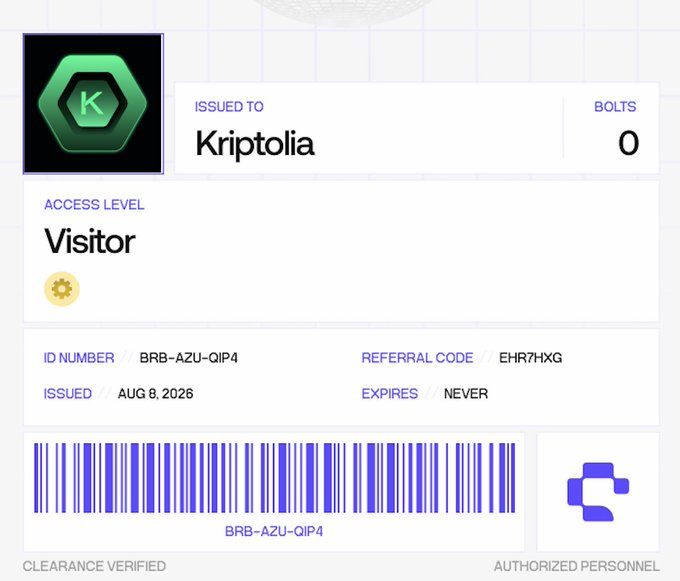 A digital access ID card issued to "Kriptolia" with Visitor-level clearance, ID number BRB-AZU-QIP4, referral code EHR7HXG, and 0 bolts, dated August 8, 2026 with no expiration. The card confirms clearance for authorized personnel and serves as proof of completing the BitRobot Network airdrop registration process via the referral link.