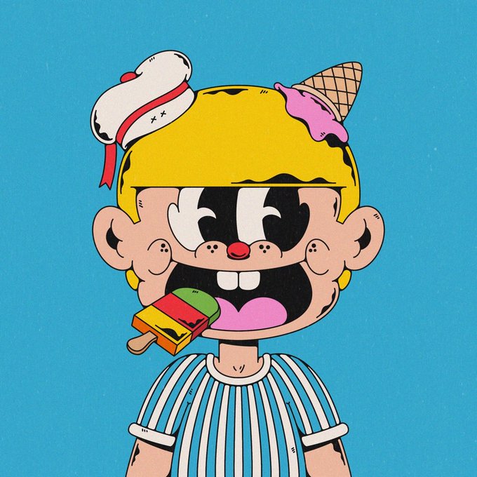 A cartoon illustration of a character with a yellow helmet, closed eyes with black tears, an open mouth with a popsicle, and a sailor hat, set against a textured blue background.