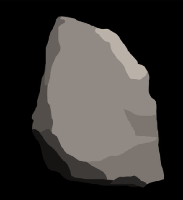 A simple 3D render or digital illustration displays a smooth, gray rock with lighter highlights against a solid black background.