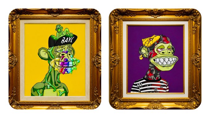 The image features two framed paintings of monkeys, one yellow and one purple, both with a cartoon-like style. The yellow monkey has a hat on its head and appears to be wearing sunglasses, while the purple monkey also wears a hat but has a different colored shirt underneath. Both paintings are displayed in gold frames against a white background, creating an artistic and visually appealing presentation.