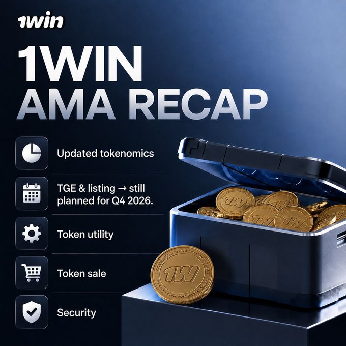 Promotional graphic titled '1WIN AMA RECAP' listing topics: Updated tokenomics, TGE & listing → still planned for Q4 2026., Token utility, Token sale, and Security, alongside an image of a blue box filled with gold 1WIN coins.
