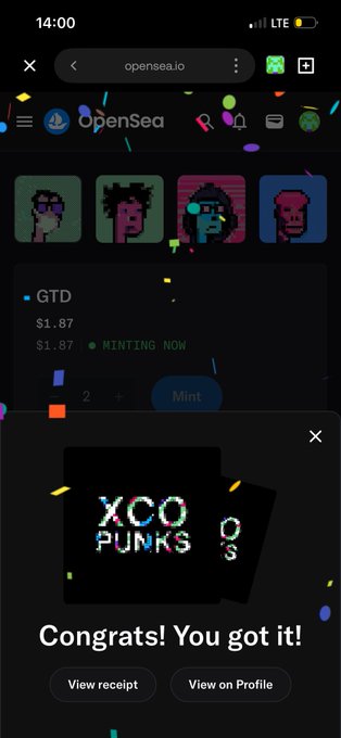 A mobile screenshot of OpenSea.io showing a successful minting of an NFT from the 'XCO PUNKS' collection, with the confirmation message 'Congrats! You got it!'.