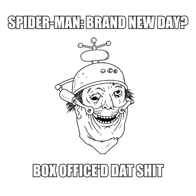 The image is a "Soyjak Wojak" meme with the text "SPIDER-MAN: BRAND NEW DAY?" at the top and "BOX OFFICE'D DAT SHIT" at the bottom, mocking the idea of a Spider-Man film succeeding at the box office. 

The meme relates to the post by using ironic "cope" humor to dismiss mainstream attention (the Spider-Man film), suggesting that while most investors chase hyped projects, the real opportunity (like $CORE) goes unnoticed by the "sheeple" — essentially framing contrarian investment in $CORE as the smarter move compared to chasing obvious popularity.