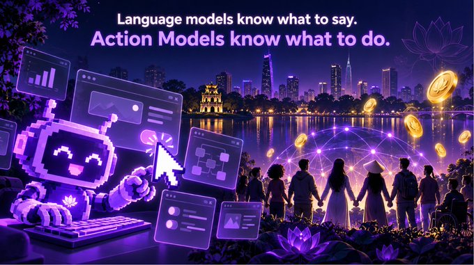 A digital promotional image with the text 'Language models know what to say. Action Models know what to do.' depicting a purple-themed scene with an AI robot, various screens, and a group of diverse people viewing a glowing network over a city skyline at night.