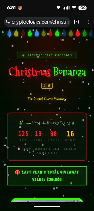 A mobile screenshot of cryptocloaks.com/christmas showing 'Christmas Bonanza 4.0 - The Annual Bitcoin Giveaway' with a countdown timer of 125 days, 18 hours, 08 minutes, 16 seconds until December 1, 2026.