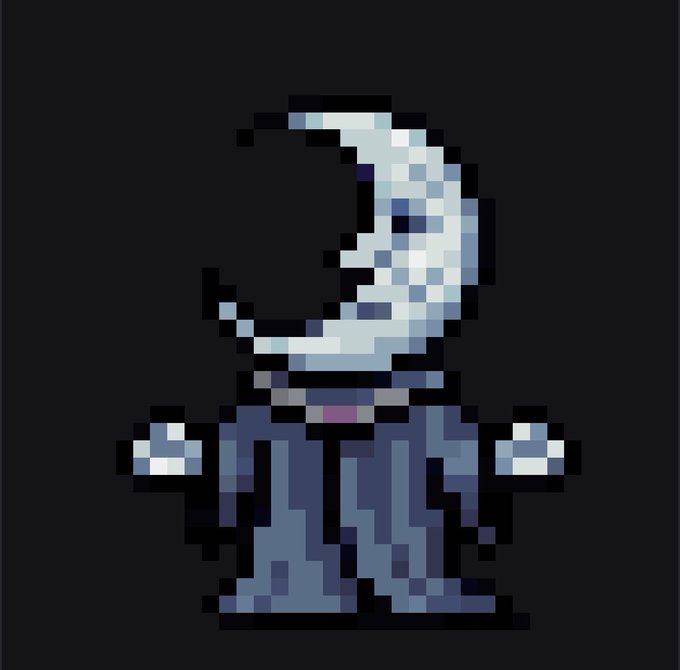 A pixel art illustration of a figure with a crescent moon-shaped head wearing a dark blue robe, holding a scythe in one hand with arms outstretched.