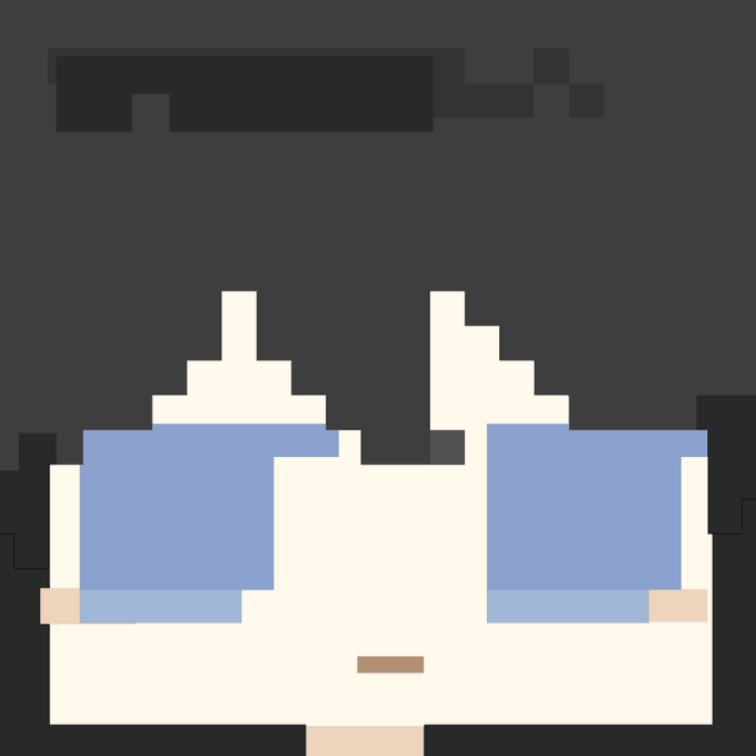 A pixel art illustration of a character with blue glasses, light hair, and cream-colored headphones against a dark gray background.