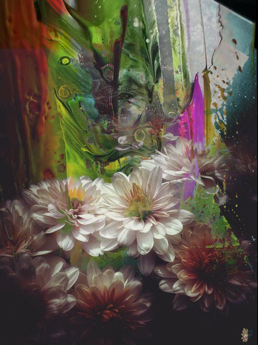 An artistic, colorful digital painting featuring white flowers in the foreground with abstract green, pink, and yellow splashes and textures in the background.